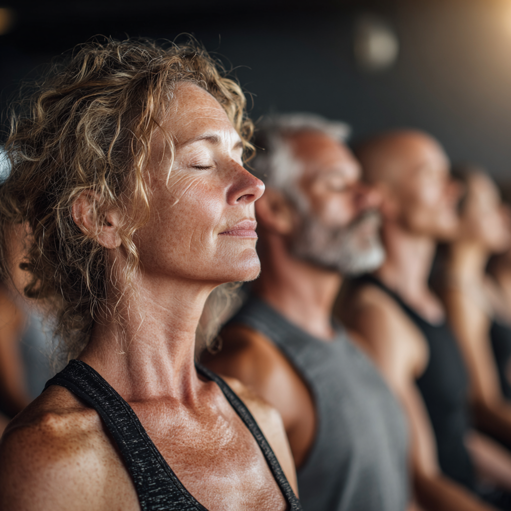 Group of diverse people aged 40-55 practicing yoga together in a serene studio setting with natural lighting, everyone in comfortable yoga attire, showing community and wellness