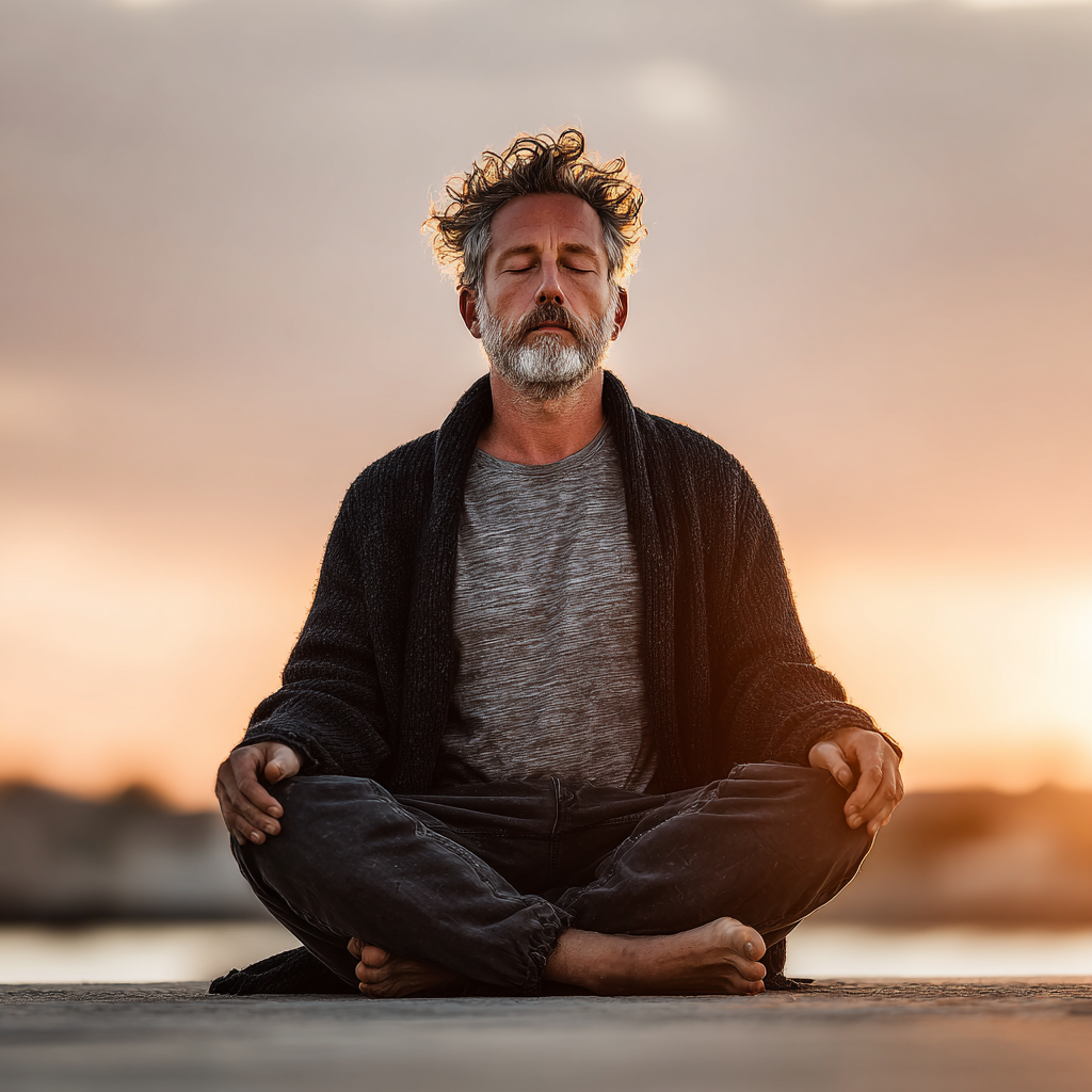 Peaceful middle-aged man around 50 years old sitting in lotus pose during yoga session, wearing comfortable clothes, eyes closed in meditation with serene expression in bright natural setting