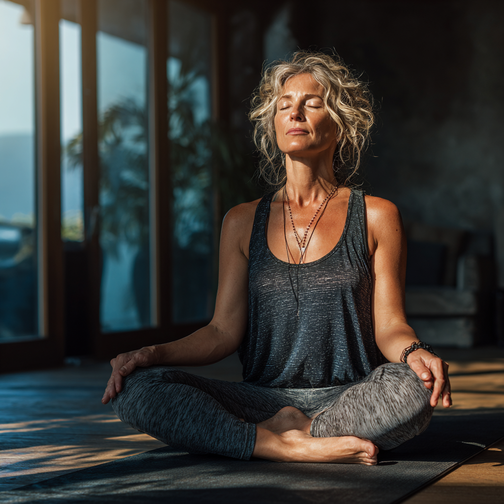 Serene woman in her 40s practicing yoga meditation pose on a mat in a peaceful indoor setting with natural lighting, demonstrating mindfulness and inner peace